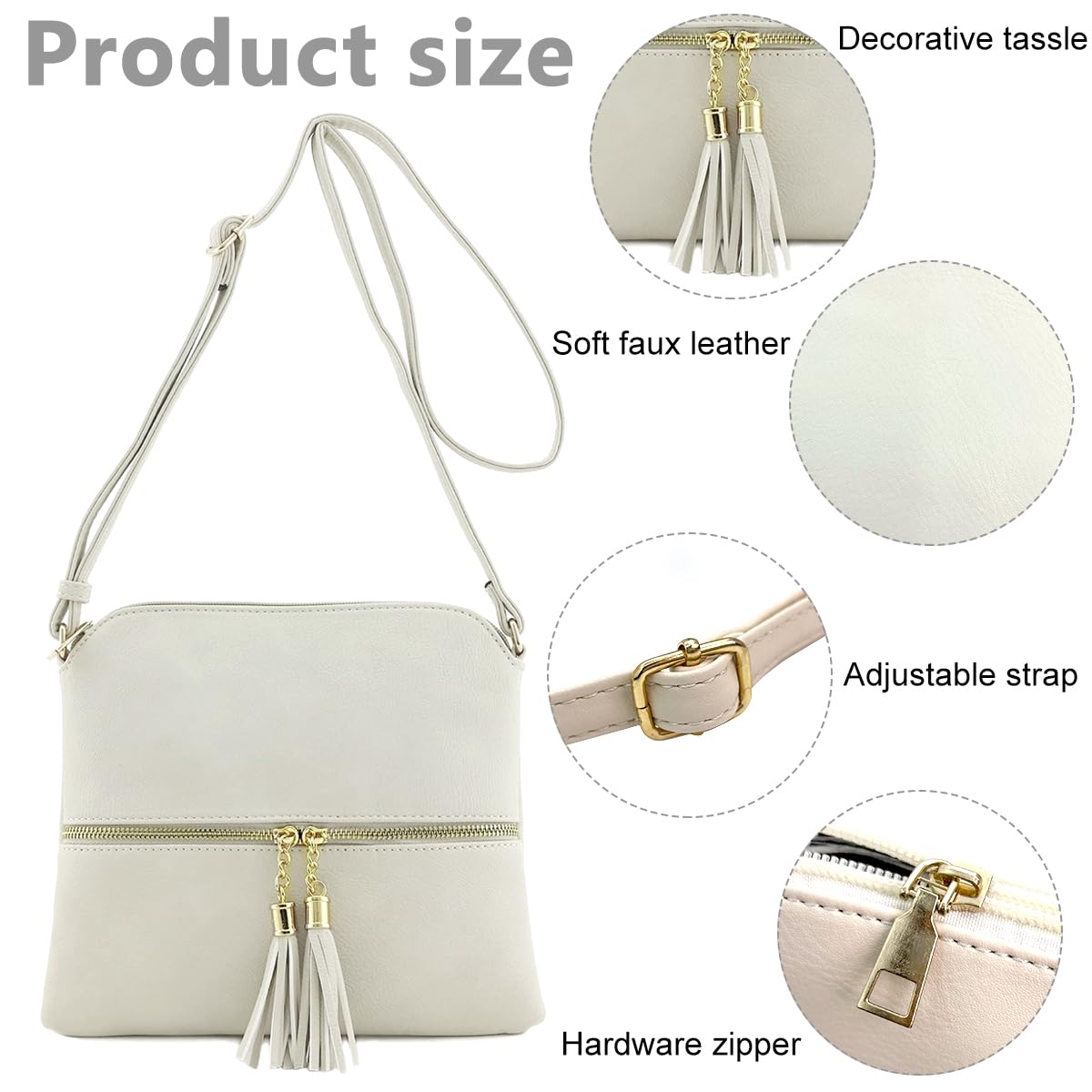 PALAY Leather Crossbody Bag for Women with Dual Tassel Zippers and Adjustable Strap | 24×23 cm Beige PU Shoulder Bag