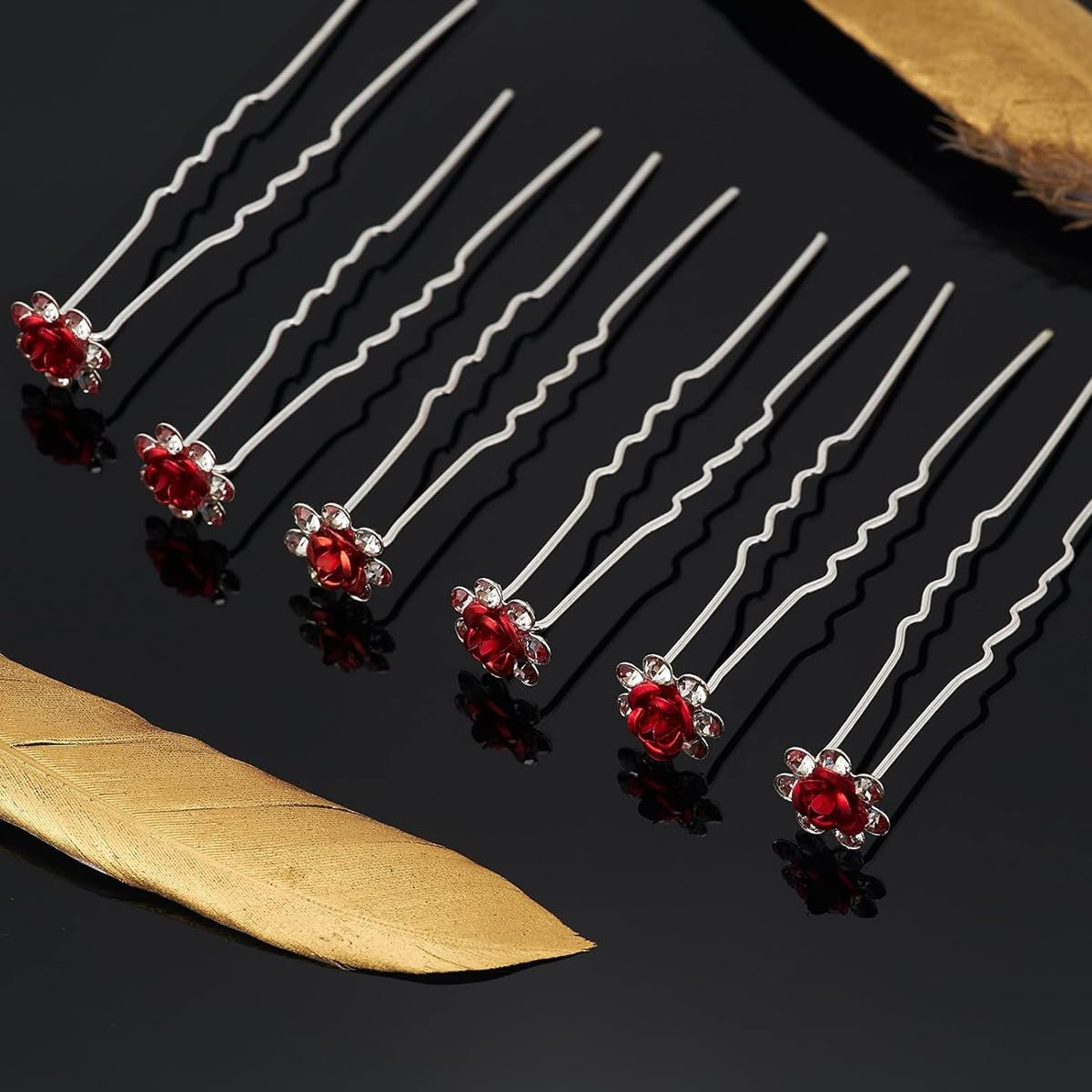 PALAY Flower Hair Accessories for Women with 20 Red Rose Crystal Pins | Elegant Bridal Hair Clips