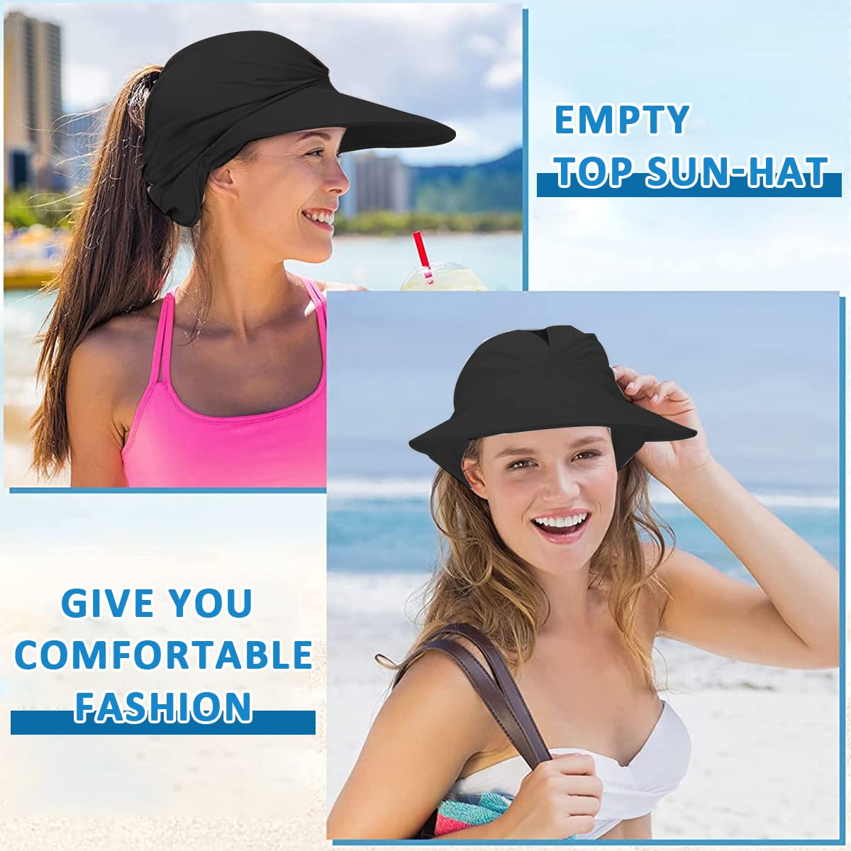 PALAY® Sun Hats for Women Wide Brim Sun Cap Women Sun Visor Hat Baseball Cap Packable Summer Beach Hat for Sports Golf Hiking (Black, UPF 50+ UV Protection)