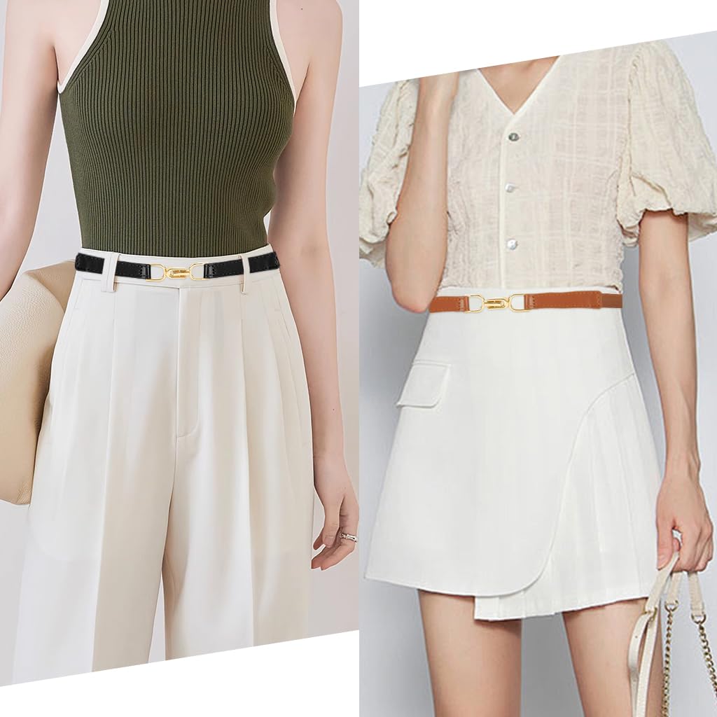 PALAY Waist Belt for Women Dresses with Metal Interlock Buckles, 2pcs Elastic PU Set | Black and Brown Slim Belts for Jeans and Blazers