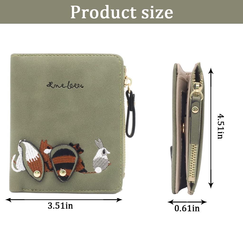 PALAY Wallet for Women 2pcs Set with Zipper Bi Fold Design and Fox Print PU Leather | Green and Grey Mini Purse 12 x 9.5 x 2 cm