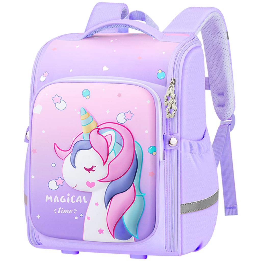 PALAY Unicorn Backpack for Girls featuring 31x21x42cm capacity with ergonomic padded straps | Purple waterproof school bag for kids 7–12