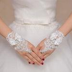 PALAY® Bridal Gloves White for Wedding Lady Formal Banquet Party Bride Bowknot Rhinestone Pierced Lace Wedding