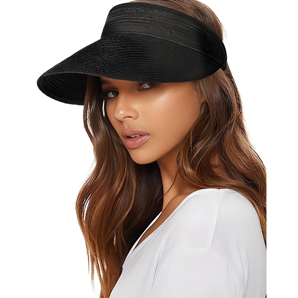 PALAY Womens Sun Straw Hat for Beach and Travel with UPF 50+ Wide Brim | Black Summer Visor