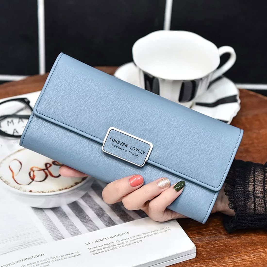 PALAY Wallet for Girls featuring Snap Button Trifold Design with 10 Card Slots | Blue PU Leather 7.5 x 3.9 x 1.2 in