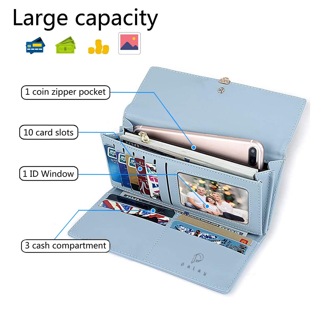 PALAY Women's PU Leather Long Wallet for Daily Use with RFID Blocking | 7.48×3.7×0.82 in Zipper Coin Purse Blue