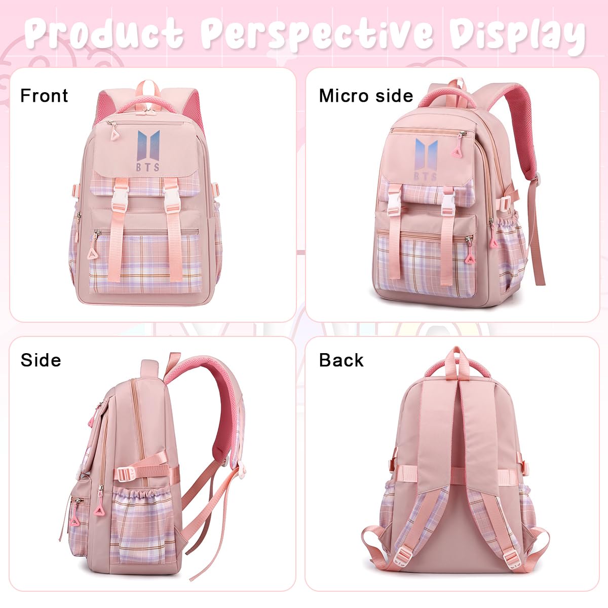 PALAY® BTS Backpack for School Girls 6-12 Years Old Teens Fashion Checked Print BTS School Backpack Large Multi Layer Book Bag Travel Backpack for Teens Students School Gift for Girls, Pink