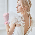 PALAY Lace Gloves for Wedding and Party with Satin Bow and Polka Dot Cuff | Pink Mesh Elegance