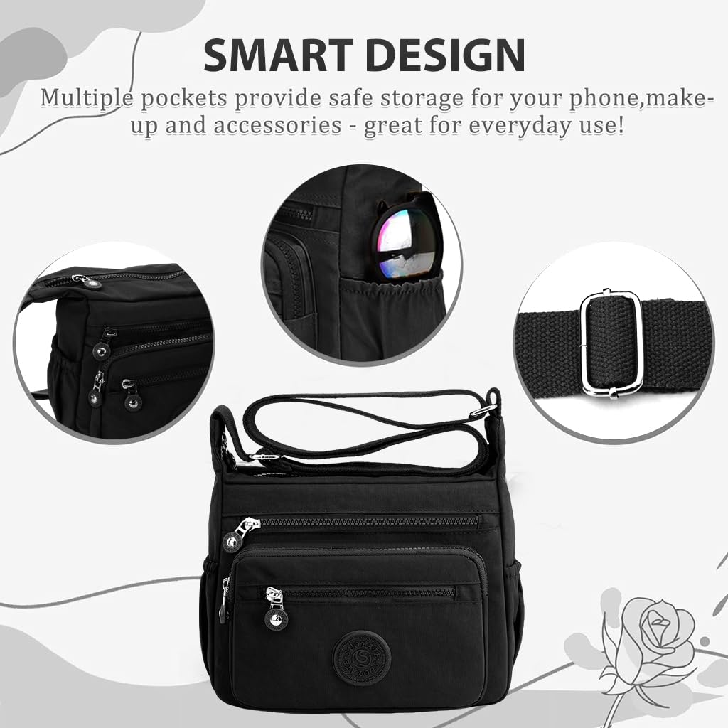 PALAY Women Crossbody Bag for Travel and Daily Use with Multi Layer Compartments | Black Nylon 10.2x8.2 in