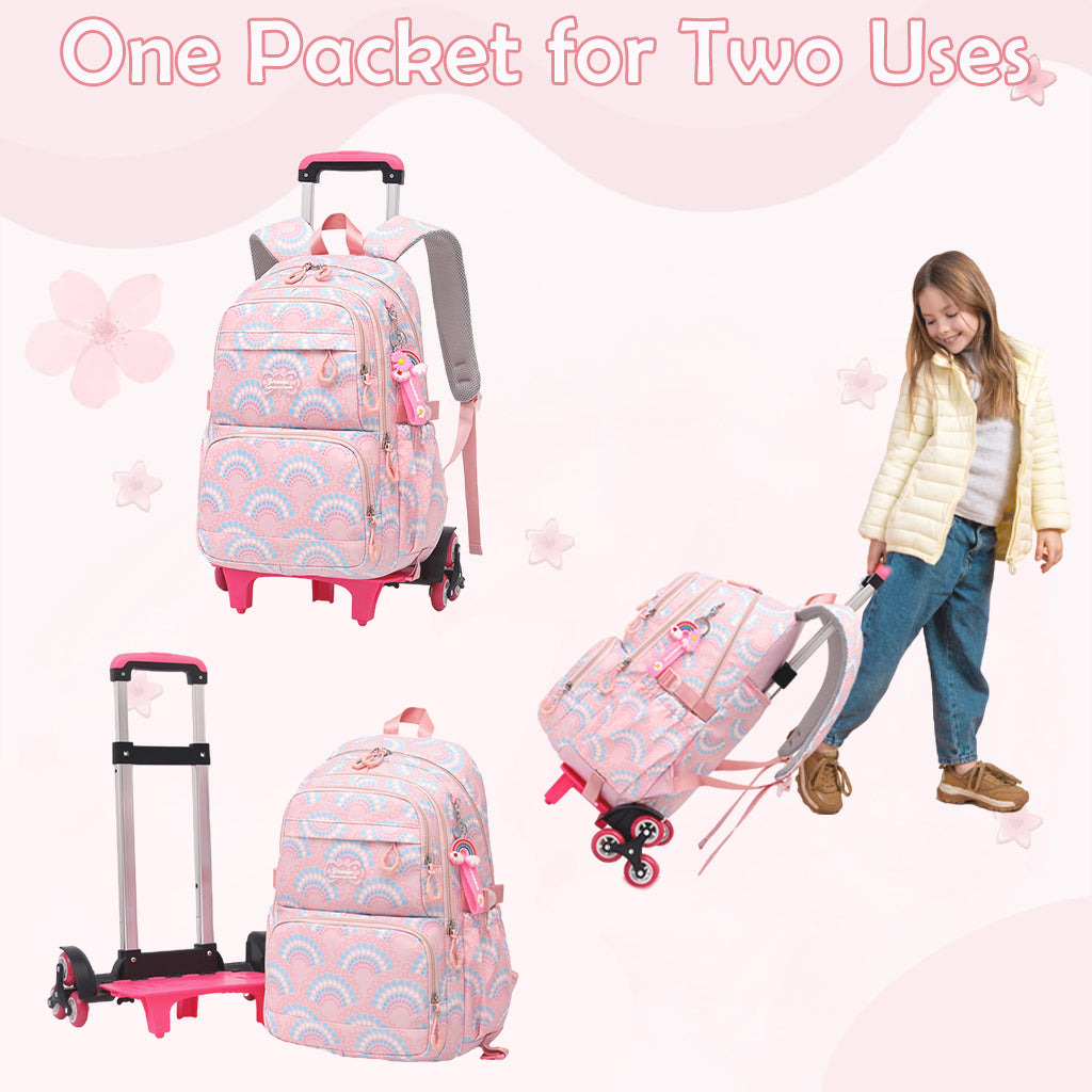 PALAY® School Backpack on 6-Wheel Backpack with Retractable Pull Handle Schoolgirls Backpack Detachable Wheel Stand Design Fashion Travel Backpack School Gift for Girls 6-12 Years Old