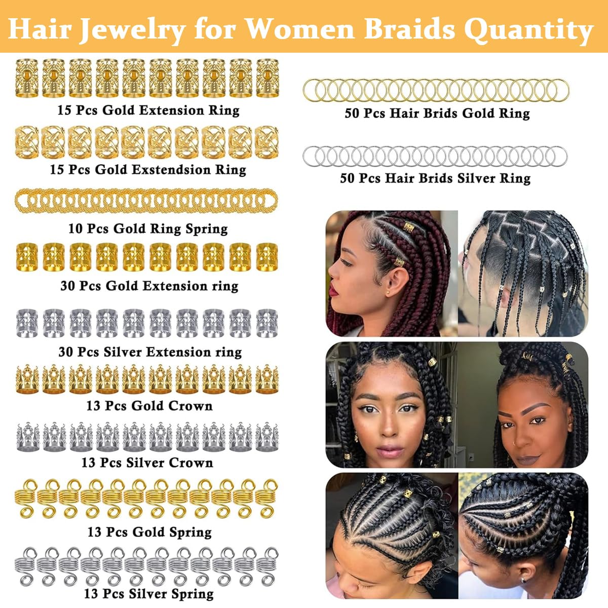 PALAY® 262pcs Hair Jewelry for Women Girls Braids, Luxury Dreadlocks Hair Braiding Charms, Assorted Alloy Metal Hair Coils Rings Fashion Hair Accessories for Braids