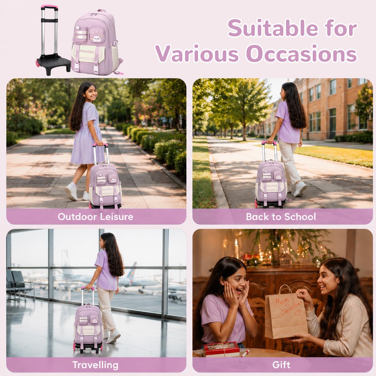 PALAY Pink Cat Trolley School Backpack with Wheels 2-in-1 Rolling School Bag