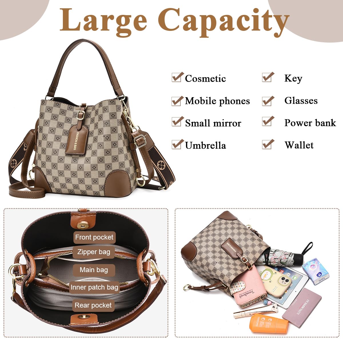 PALAY PU Bucket Bag for Women with 23x12x22 cm Size and Detachable Shoulder Strap | Check Pattern