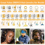 PALAY® 292pcs Hair Jewelry for Braids, Assorted Dreadlocks Hair Braiding Charms, Stylish Metal Hair Pendants Coils Rings Clips Hair Accessories for Women Girls