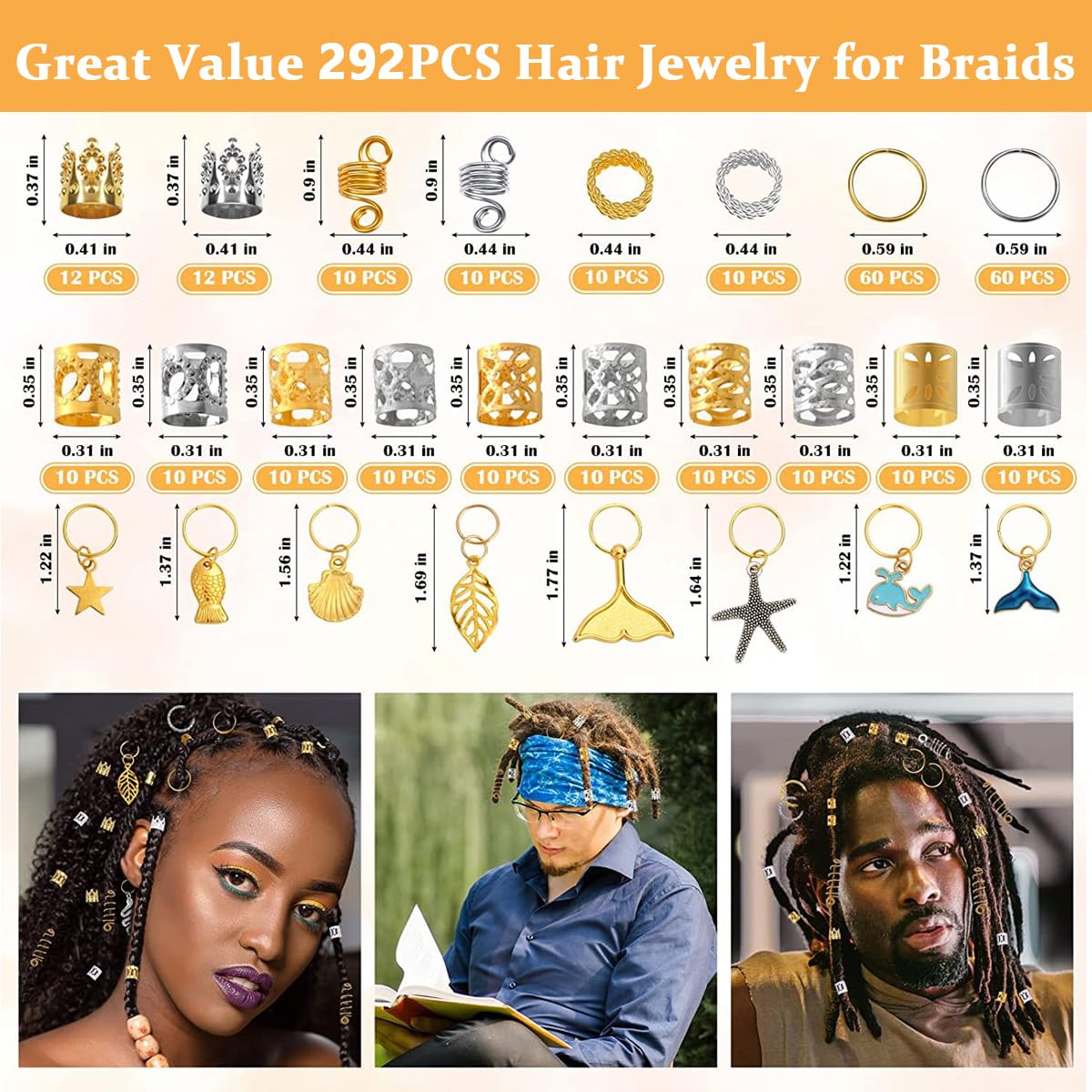 PALAY Hair Jewelry for Braids featuring 292pcs Metal Rings and Charms in Gold and Silver Styles