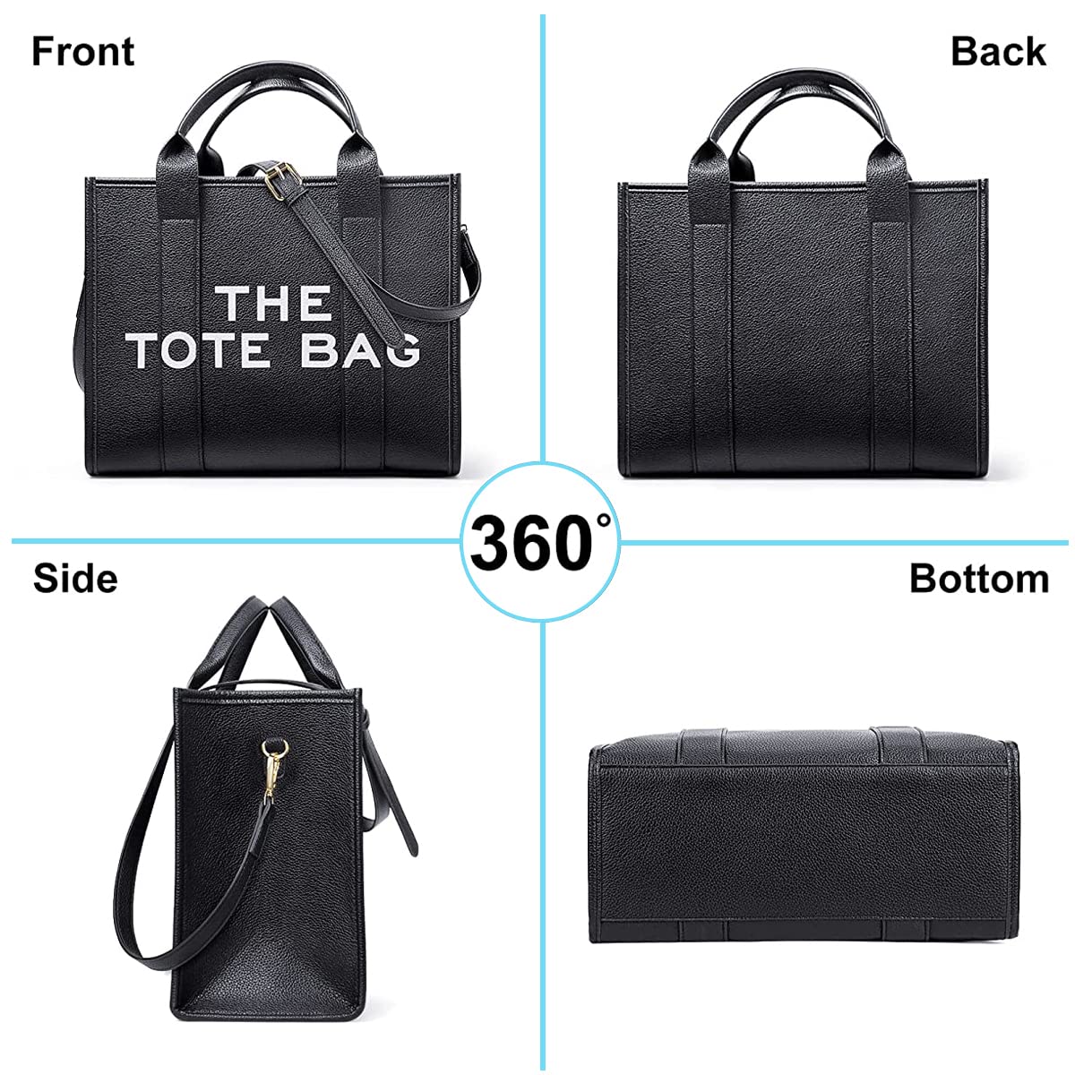 PALAY Tote Bag for Women with Adjustable and Detachable Strap 27.5×10.5×22cm Black | Large Capacity PU Leather Handbag for Office and Daily Use