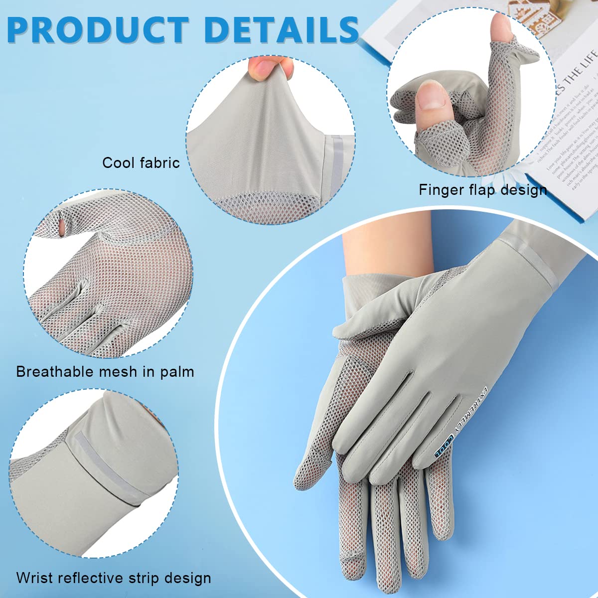 PALAY® Sun Protection Gloves Women Non Slip Hand Gloves for Bike Touch Screen Gloves UPF 50+ Summer Sunblock Gloves for Cycling Riding Fishing, Breathable Full Finger Gloves - Grey