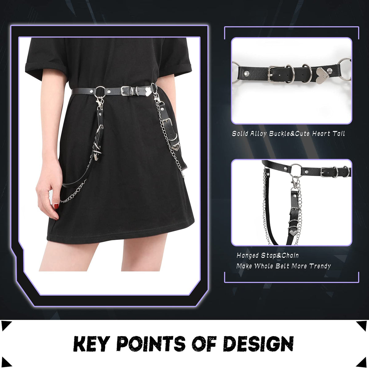 PALAY Goth Punk Chain Belt for Skirts and Jeans with Metal Rings and Heart Pendant | Black Faux Leather 97 cm Adjustable Style