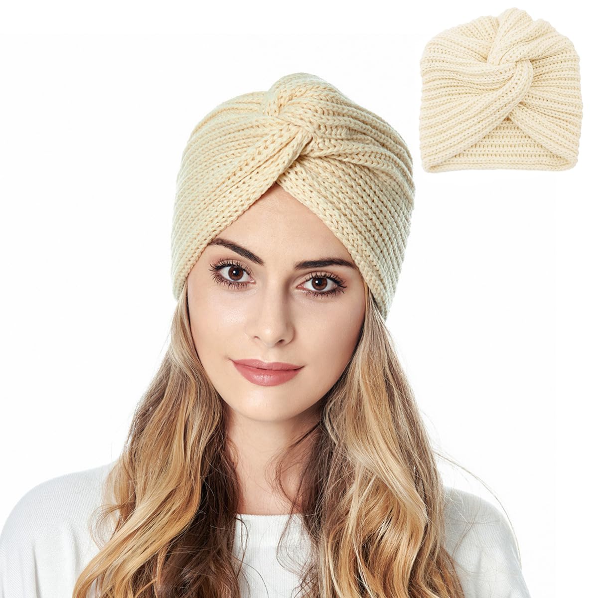 PALAY Turban Winter Cap for Women with Crochet Knit Design in Beige | Warm Acrylic Fabric