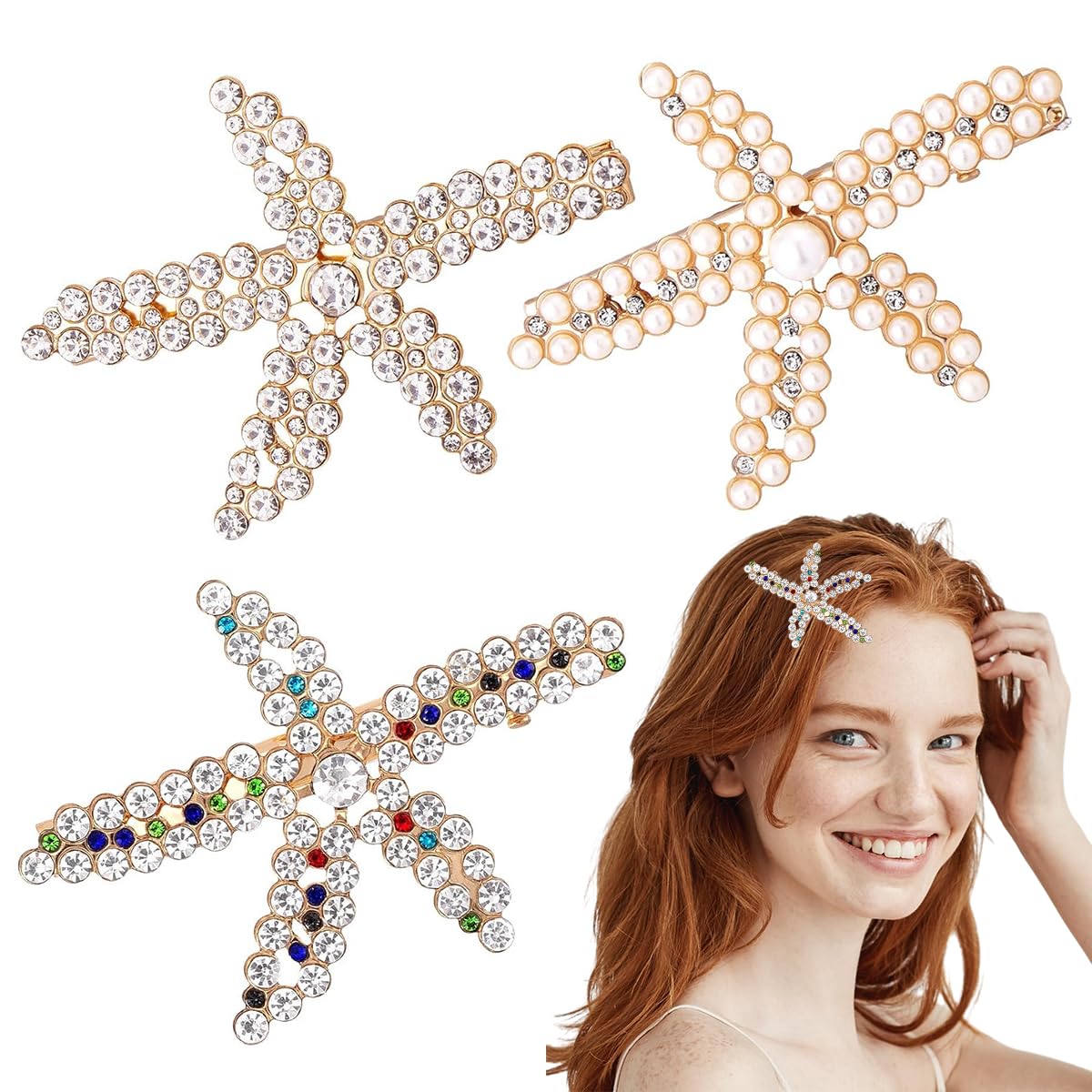 PALAY Starfish Hair Clips for Women with Rhinestones and Pearls 3pcs Set | Wedding Accessory