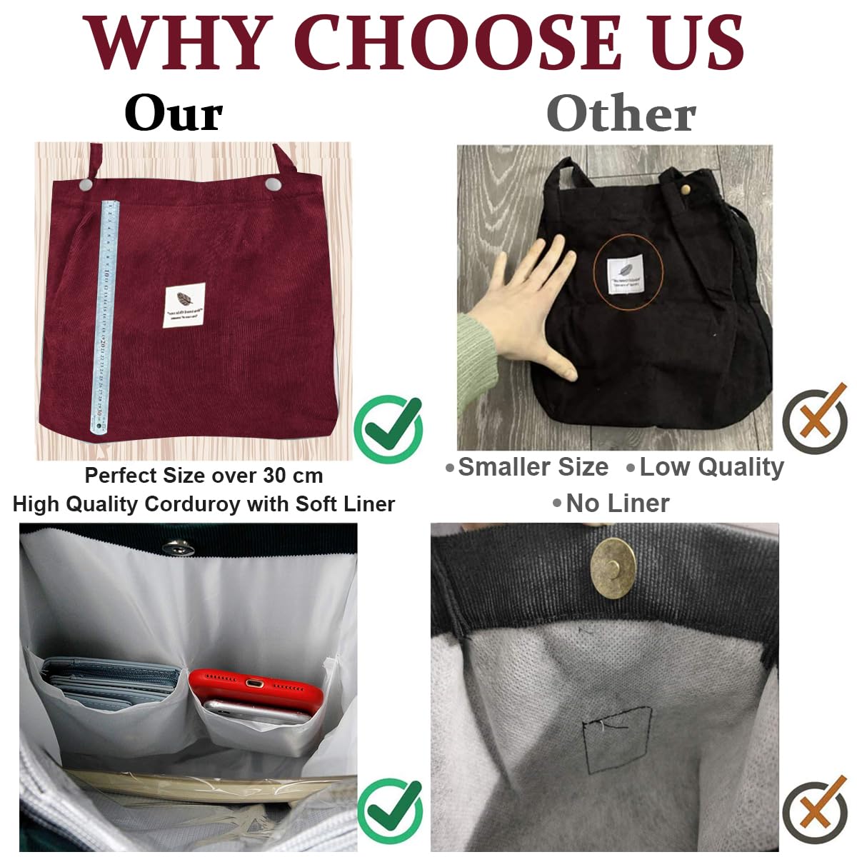 PALAY® Classic Tote Bag Corduroy Fashion Burgundy Grocery Bag Large Hand Bag For Women Shopping Bag, Grocery Bag, Shoulder Bag For Shopping, Commuting