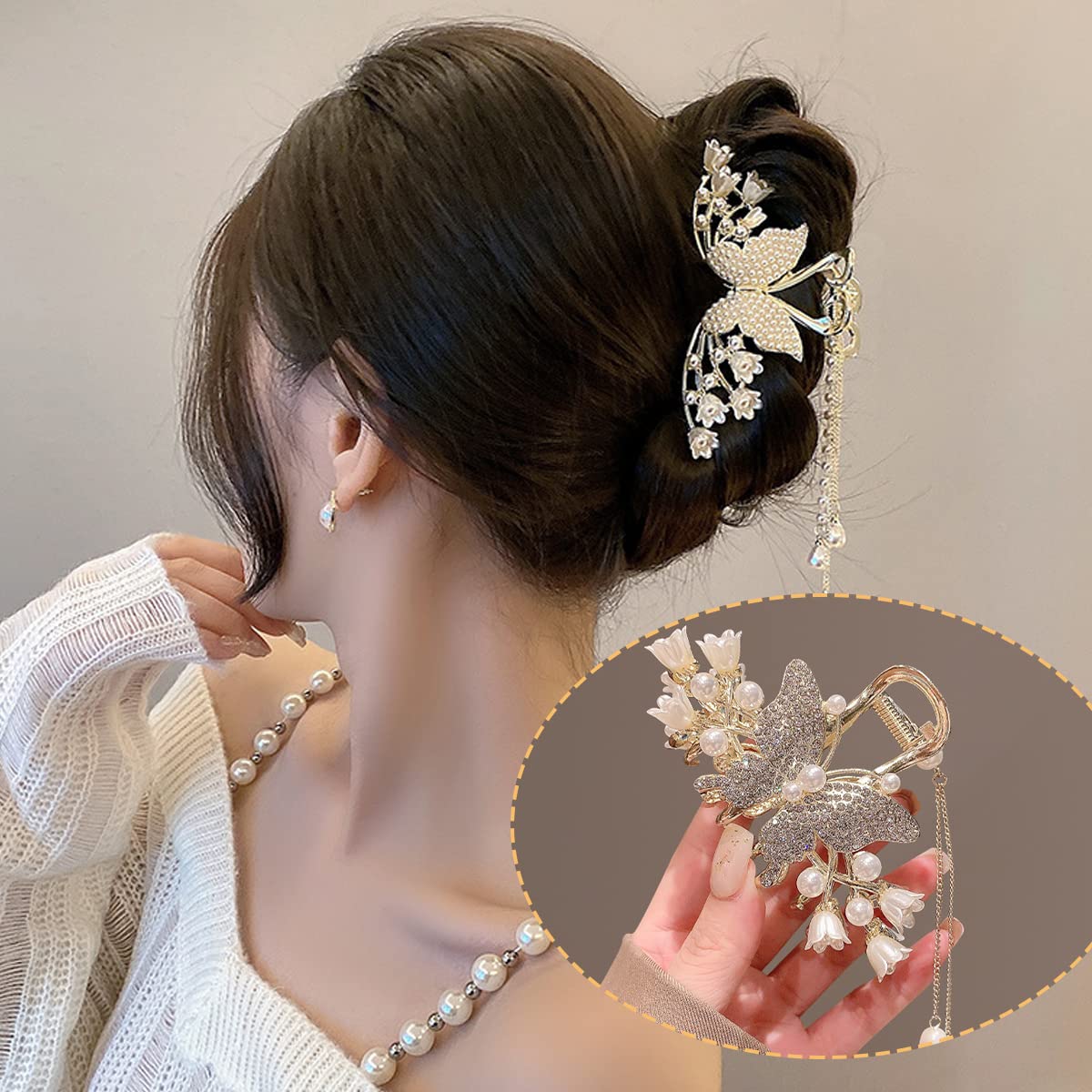 PALAY Hair Clips for Women with Butterfly Tassel Design and Golden Alloy Clutcher | Rhinestone Decorative Barrette for Thick Hair