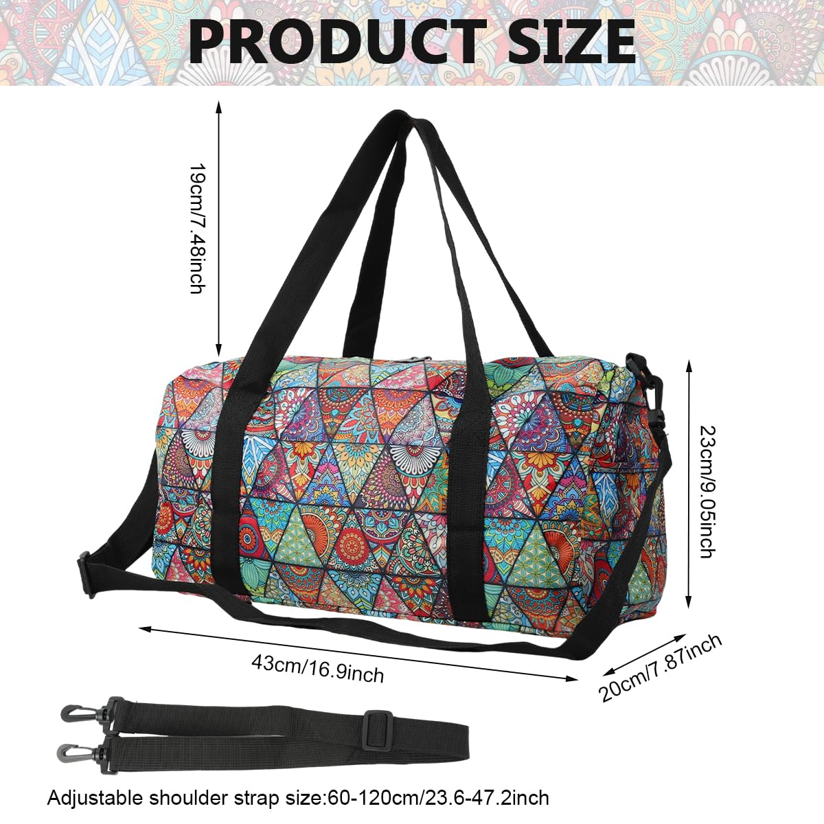 PALAY Sports Gym Bag for Travel and Workouts with Dual Zipper and 17.6x9x9 in Storage | Nylon Mandala Design