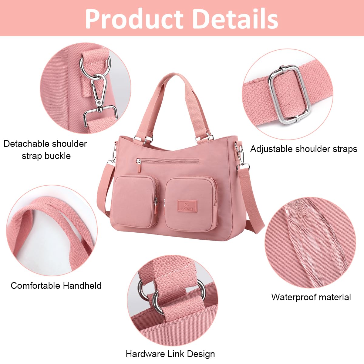 PALAY Tote Bag for Women with Multi Pockets and Removable Shoulder Strap | Pink Nylon Shoulder Handbag for Work and Travel
