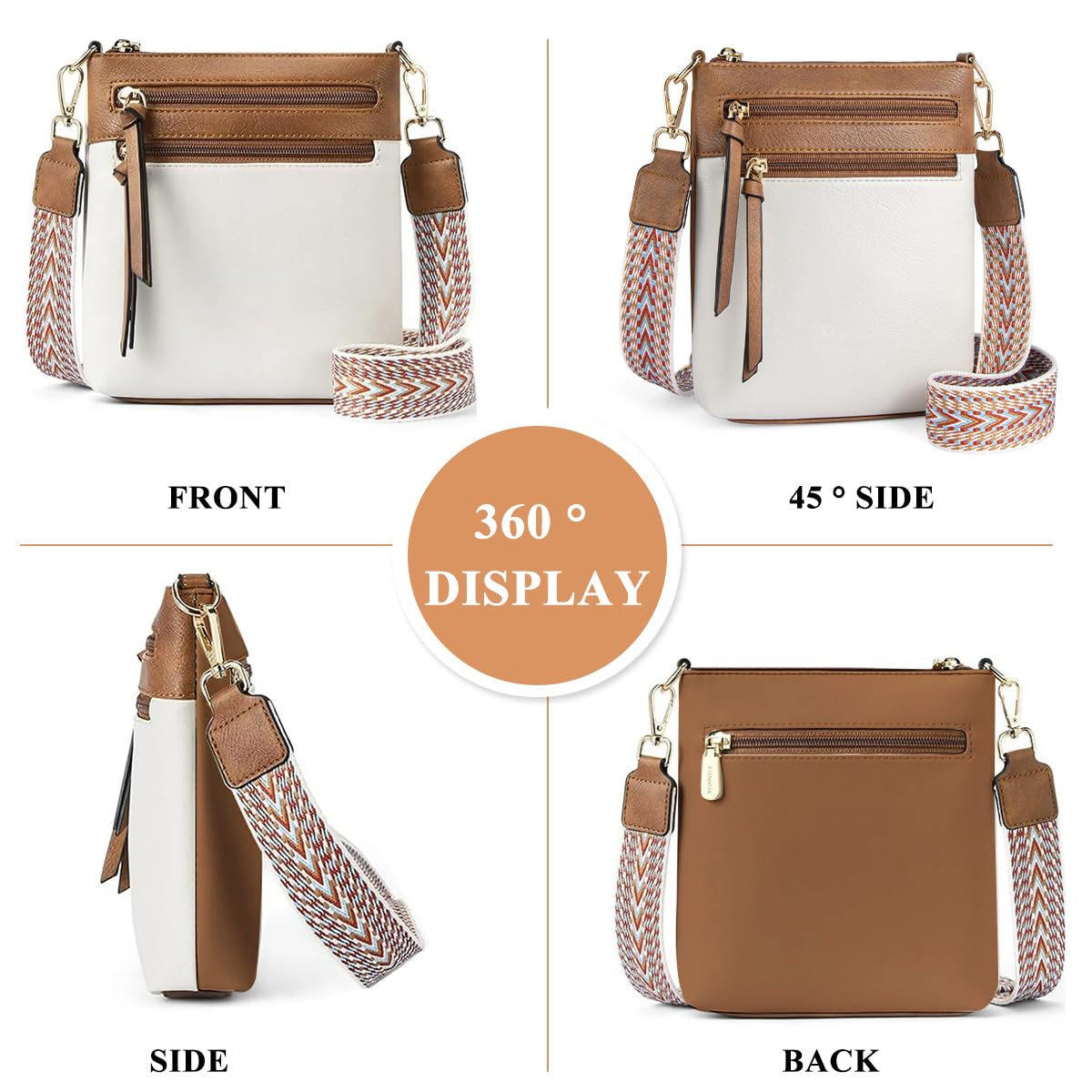 PALAY Crossbody Bags for Women with Triple Layer Design and Jacquard Strap | White PU Leather
