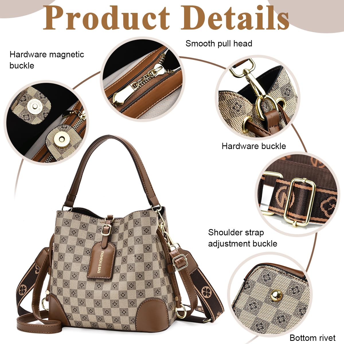 PALAY PU Bucket Bag for Women with 23x12x22 cm Size and Detachable Shoulder Strap | Check Pattern