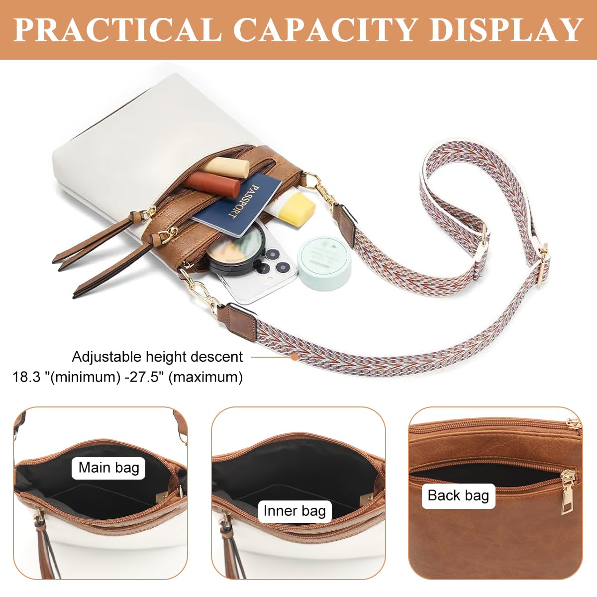 PALAY Crossbody Bags for Women with Triple Layer Design and Jacquard Strap | White PU Leather