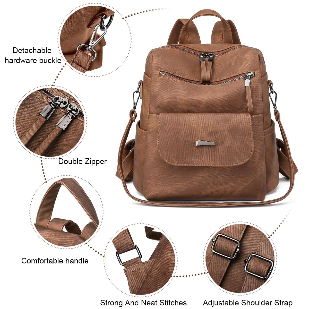 PALAY PU Leather Backpack for Women with 12x11 in Capacity and Back Zipper Pocket | Brown 2 PCS