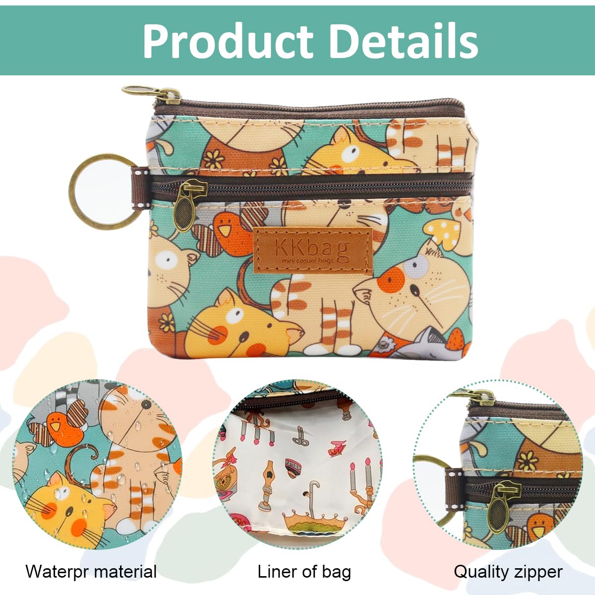 PALAY® Coin Bag with Carabiner Small Double Layer Wallet Coin Bag Card Bag Cute Girls Purse Bag Zipper Coin Pouch Cash Bag Earphone Bag Fashion Waterproof Polyester Mini Bag, 12x10cm