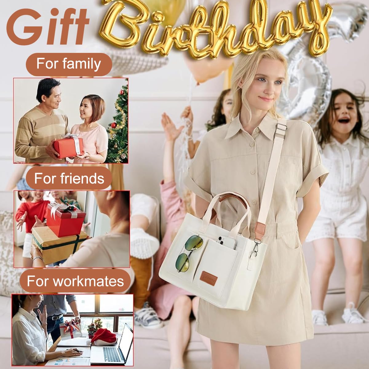 PALAY Tote Bag for Women with Removable Strap and Multi Compartments 32×14×25 cm Beige Canvas | Casual Crossbody Handbag