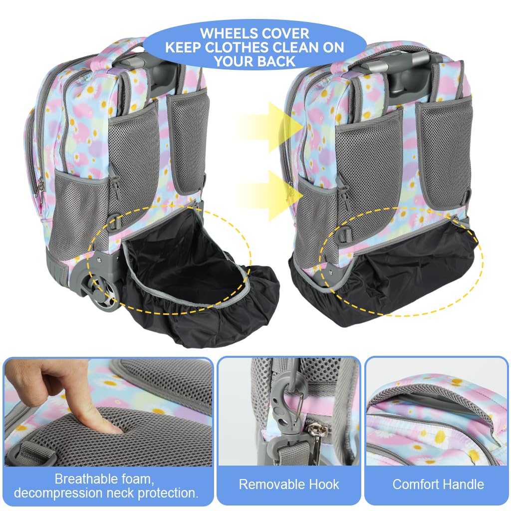 PALAY School Bag for Girls 18 in Rolling Backpack with Retractable T Bar Handle | Stylish Daisy Print