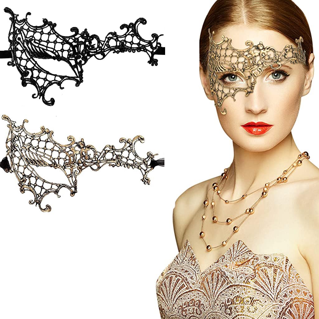 PALAY Lace Eye Masquerade Masks for Party with Exquisite Hollow Design | 2Pcs Black and Gold 22×13cm