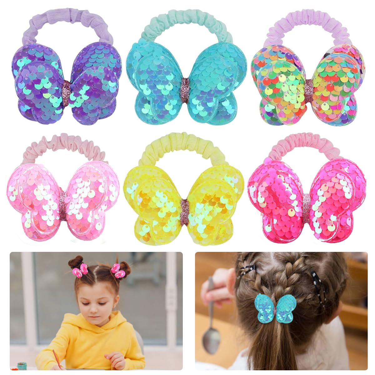 PALAY Hair Bow Scrunchies featuring Glitter Sequins and Butterfly Accents for Girls | 6pcs Set