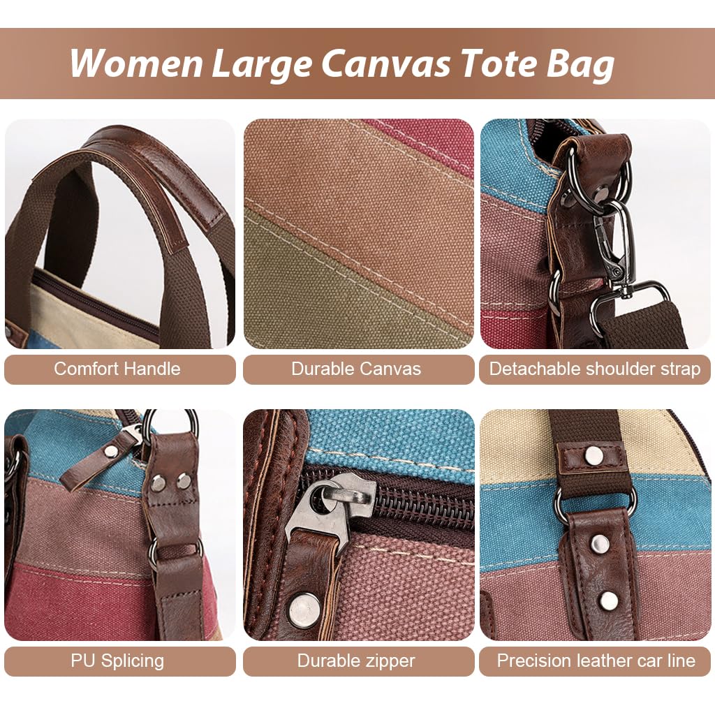 PALAY Canvas Tote Bag for Work and Travel with Removable Shoulder Belt 36x12x37 cm | Stripy Print
