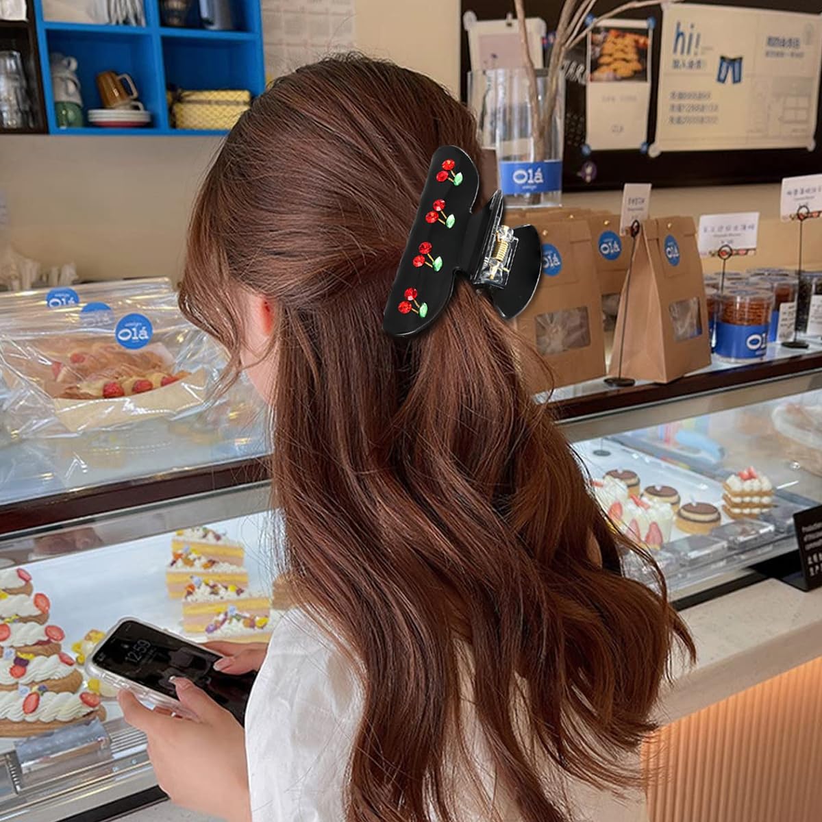 PALAY Hair Claw Clips for Women featuring Cherry Rhinestone Charms and Black Acrylic Style