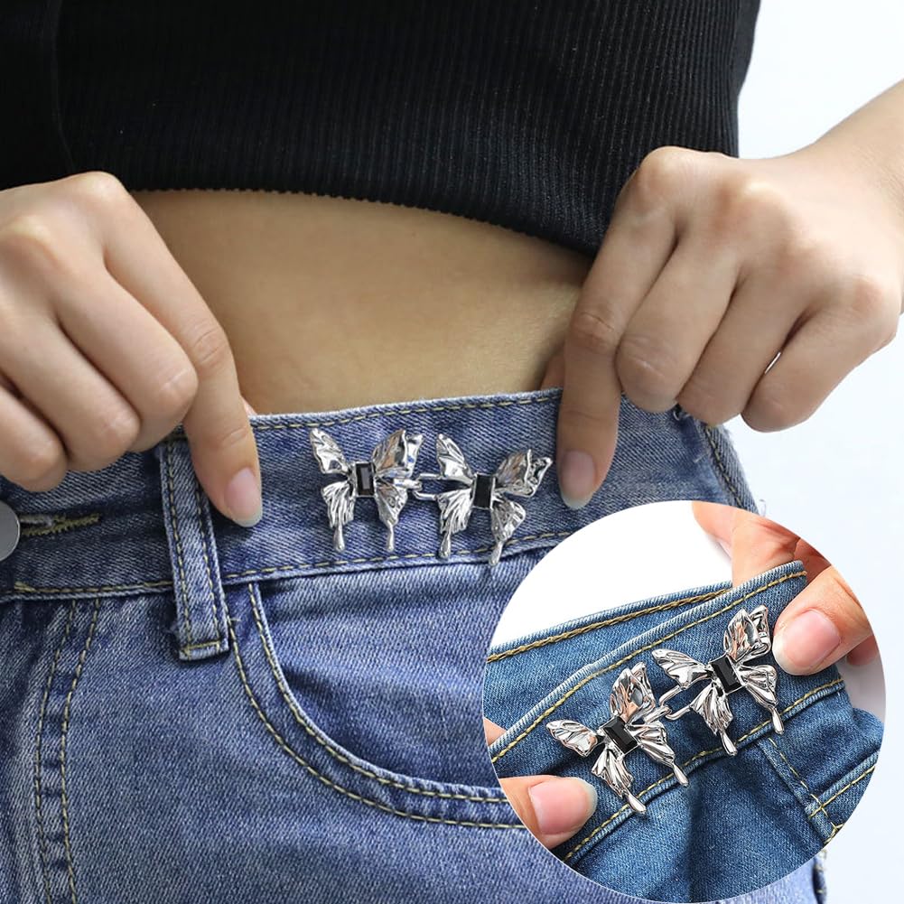 PALAY® 2 Pairs Cute Butterfly Button Pins for Loose Jeans No Sewing Adjustable Waist Body Extender for Jeans Fit Tighten Buckles for Women and Girls