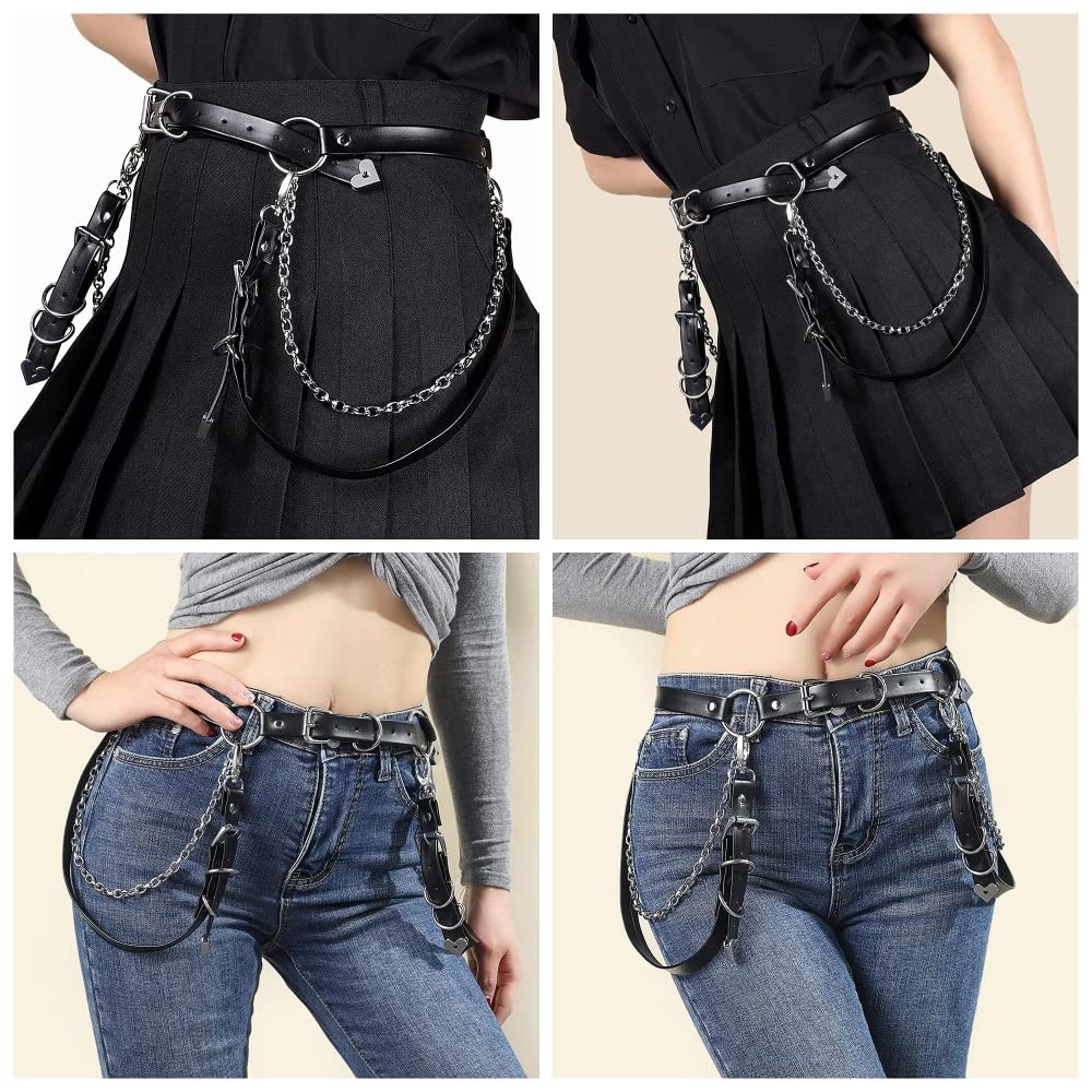 PALAY Goth Punk Chain Belt for Skirts and Jeans with Metal Rings and Heart Pendant | Black Faux Leather 97 cm Adjustable Style