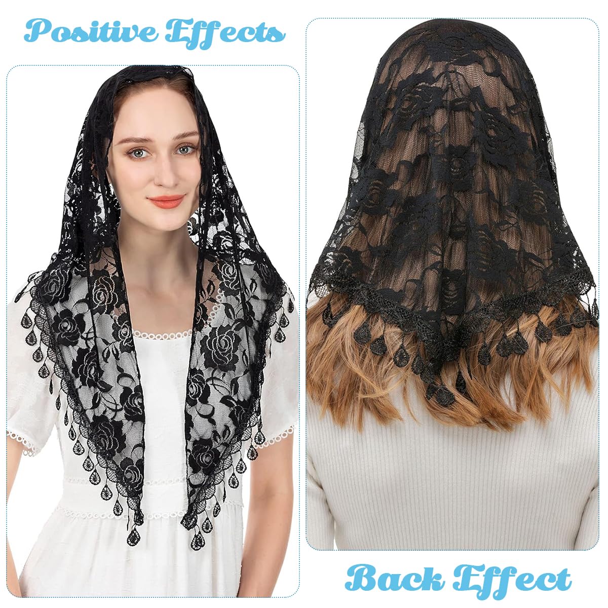 PALAY Triangle Lace Mantilla Veil for Church and Wedding featuring Rose Embroidery | Black
