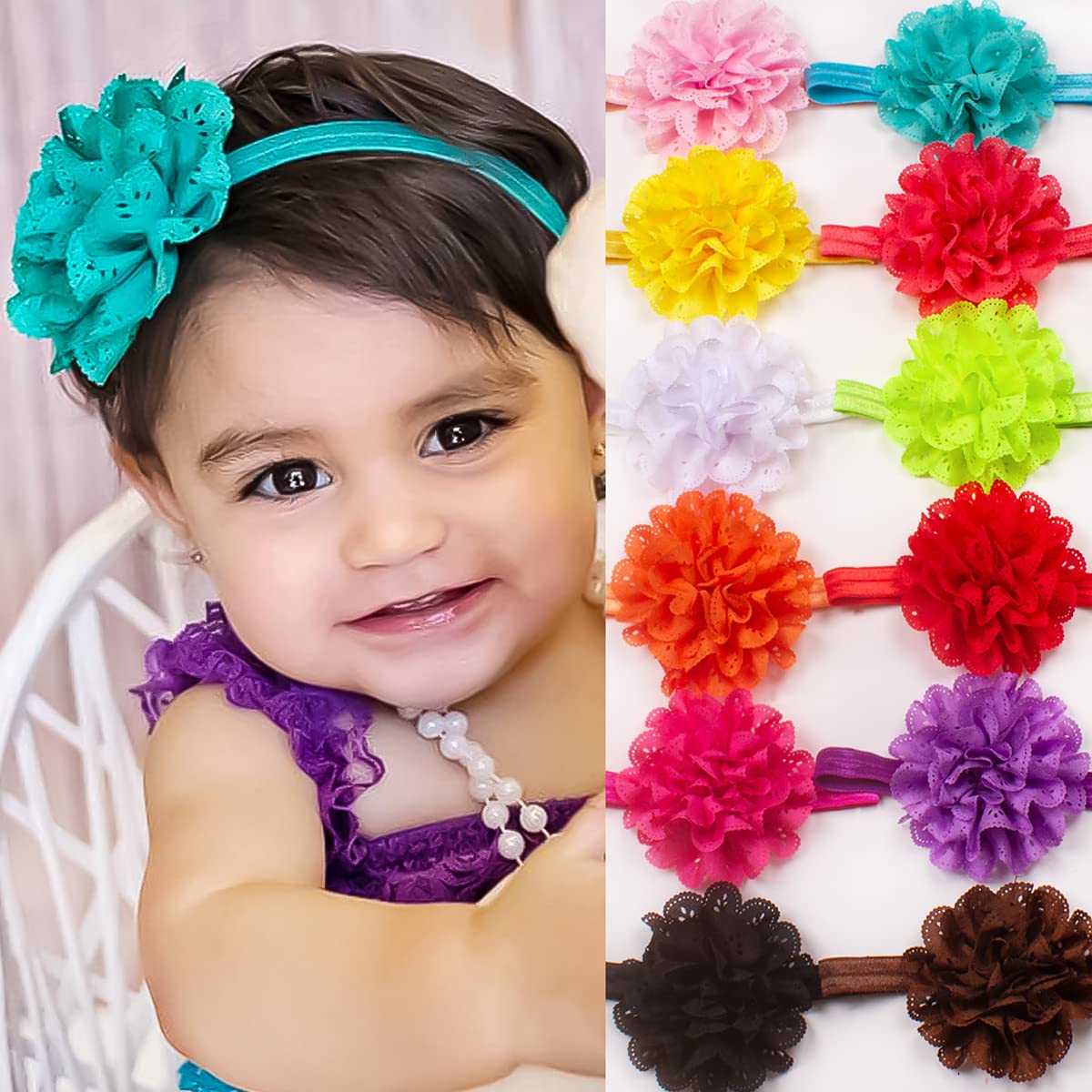 PALAY Headband for Baby Girl with Stretchy Chiffon Flower Design 12 Pack | Soft Hair Accessory Set