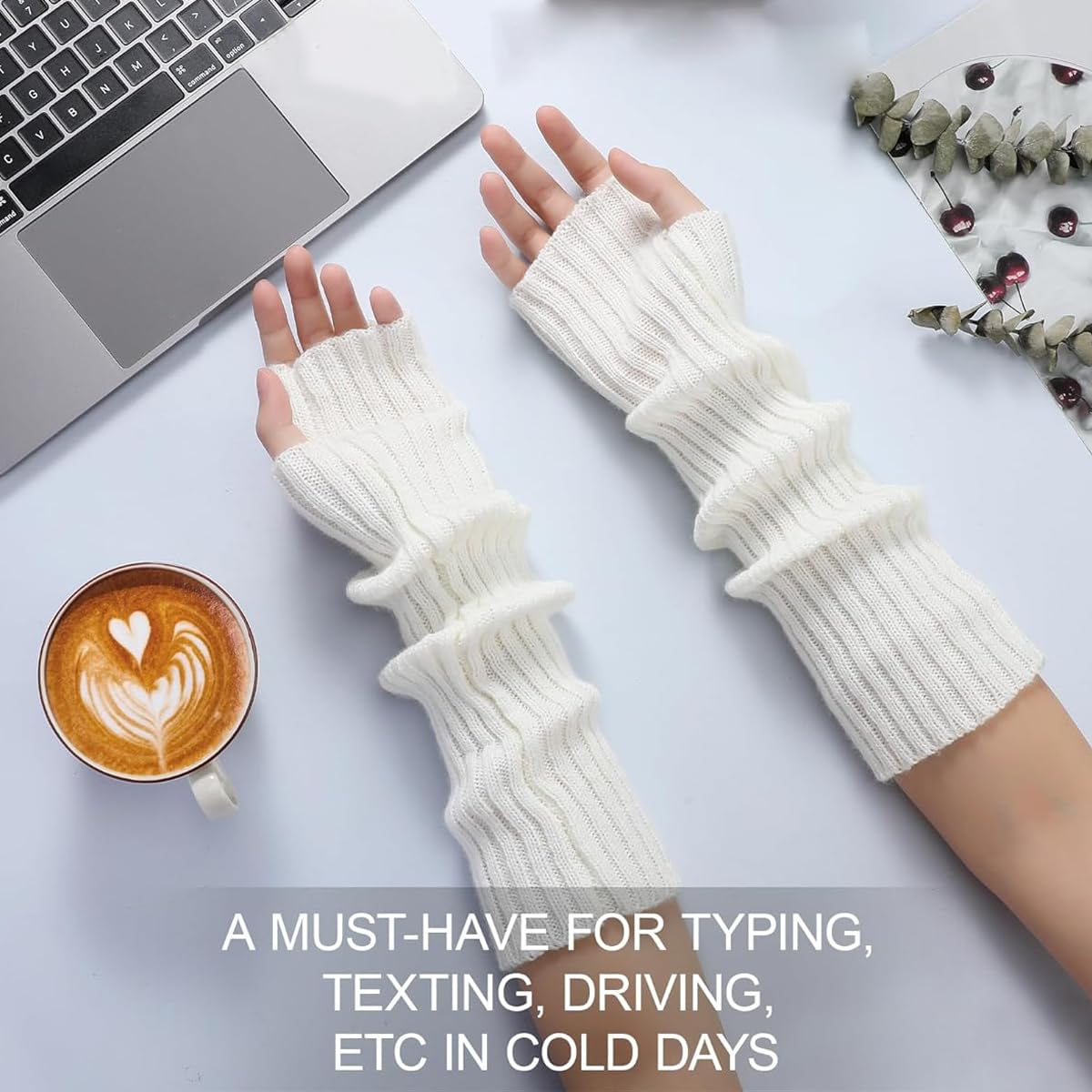 PALAY Hand Warmers for Women featuring 50cm Fingerless Design with Thumb Hole | White Knit Arm Sleeves