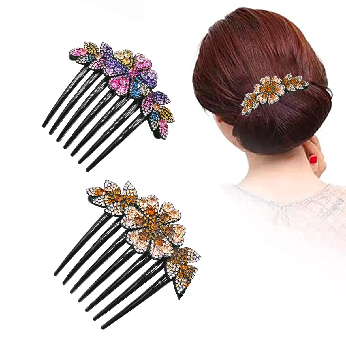 PALAY® 2 Pack Hair Comb Clips for Hair for Women, Rhinestone Flower Hair Clips for Women Ladies, Stylish Slide Hairpins Bride Hair Bun Accessories