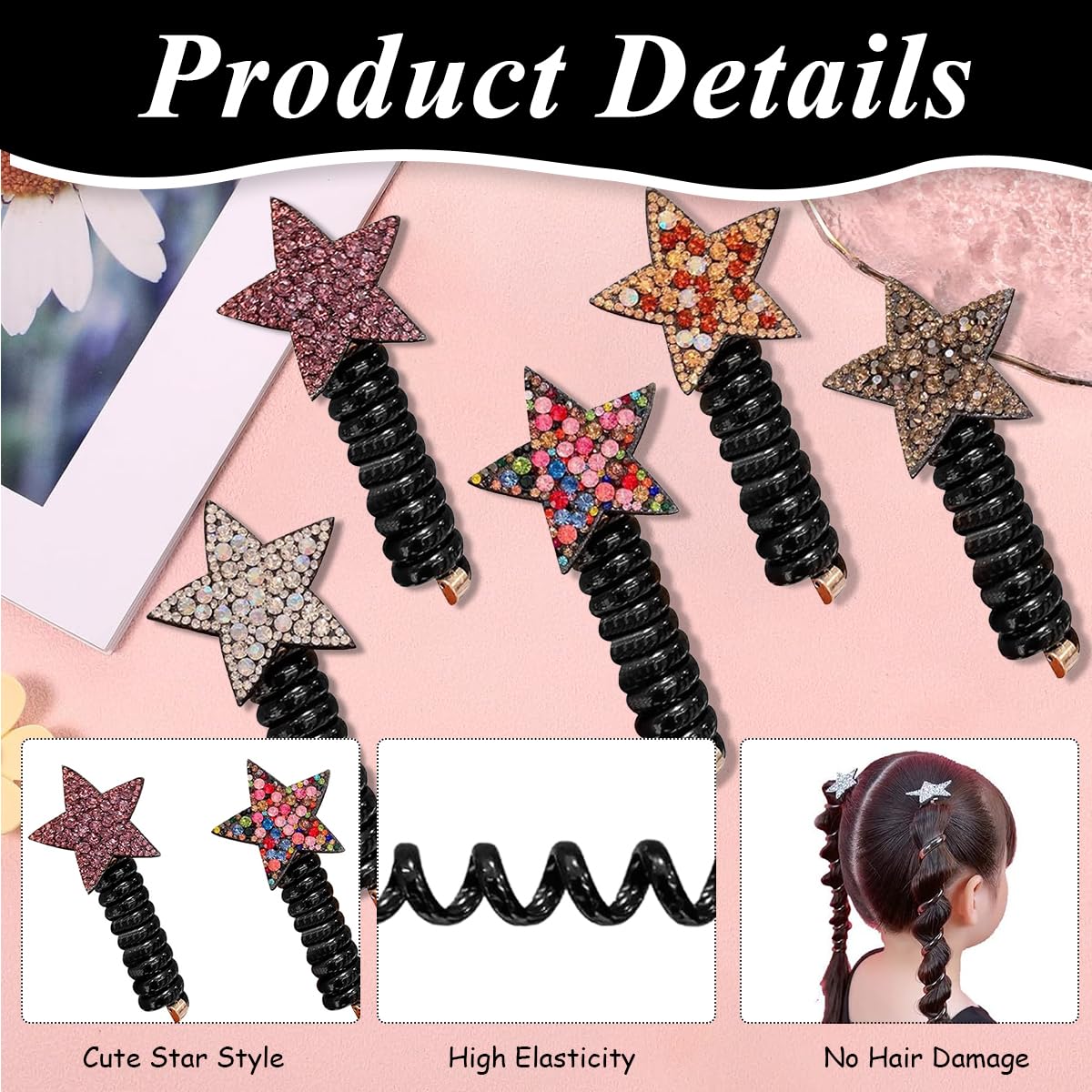 PALAY® 4 Pack Kids Hair Accessories for Girls Telephone Wire Hair Ties Cute Star Spiral Hair Bands Elastic Rhinestone Girls Hair Accessories for Kids Braids Ponytail Holder Maker