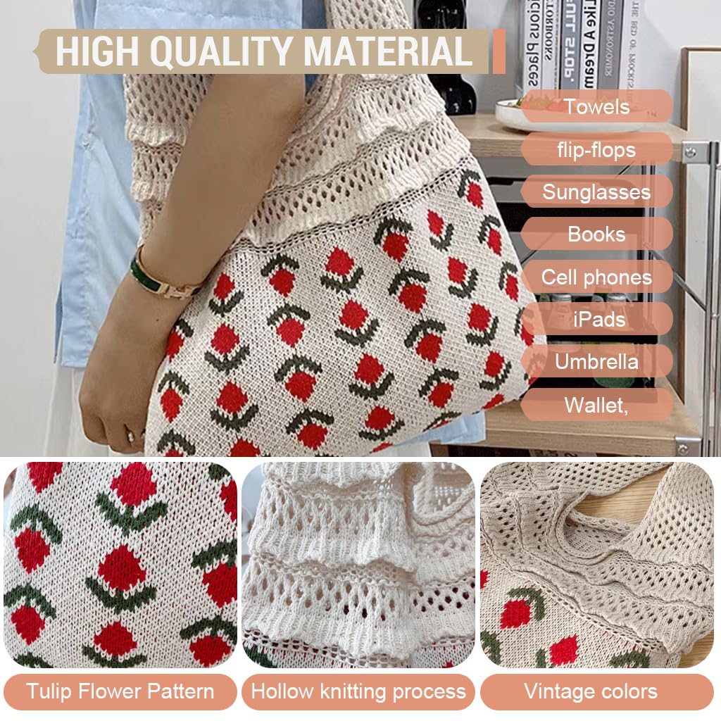 PALAY Knitting Tote Bag for Everyday Use with Patchwork Handle and Fringe | Beige 27.9 x 37.8 x 2 cm