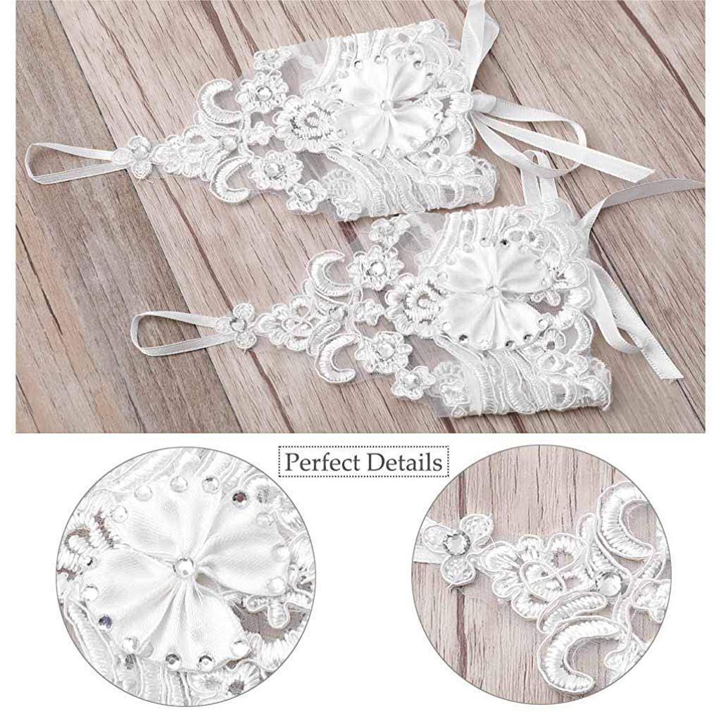 PALAY® Bridal Gloves White for Wedding Lady Formal Banquet Party Bride Bowknot Rhinestone Pierced Lace Wedding