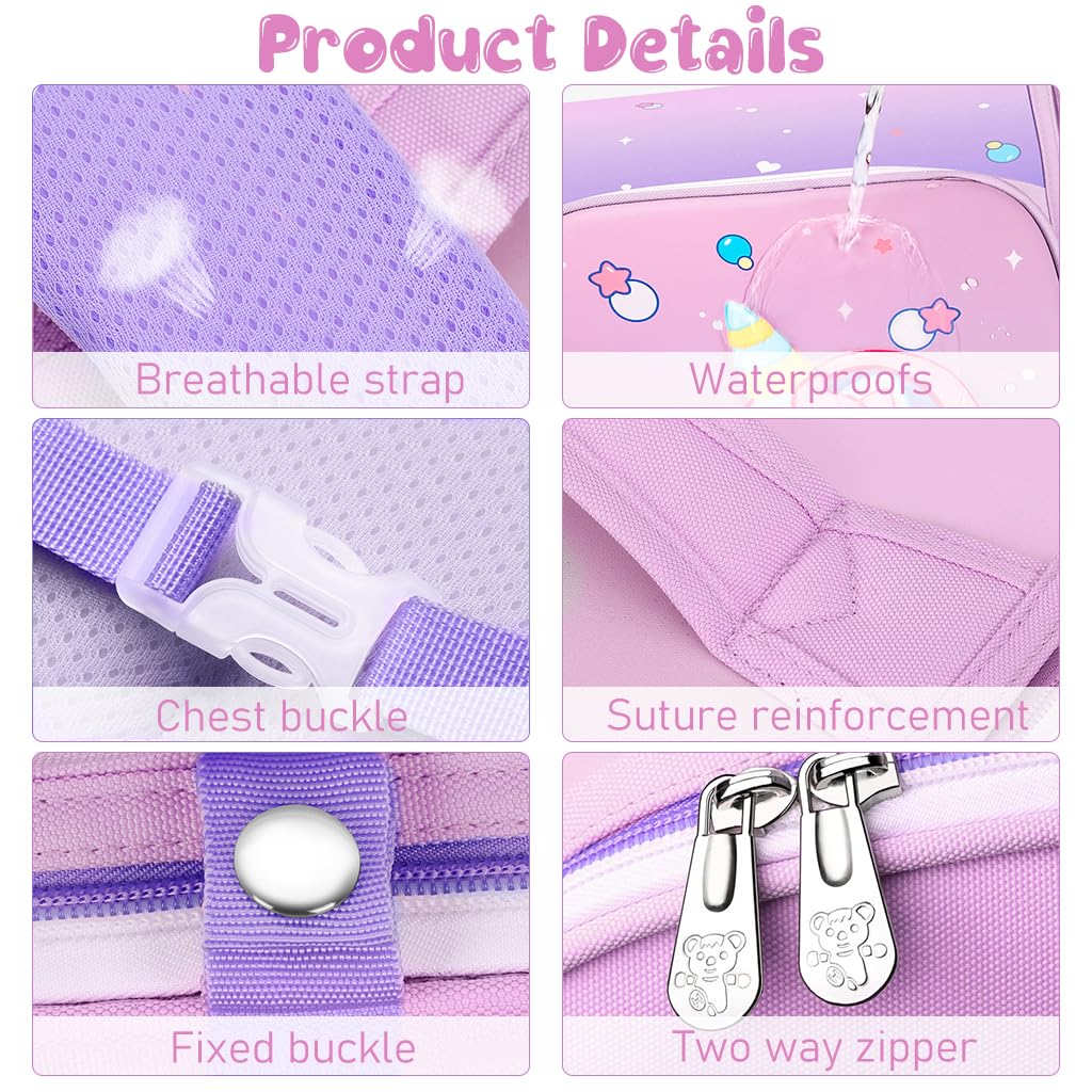 PALAY® School Bag for Girls Durable Waterproof Backpack Unicorn Bags for Kids 3-6 Years Old Birthday Gifts 3 PCS
