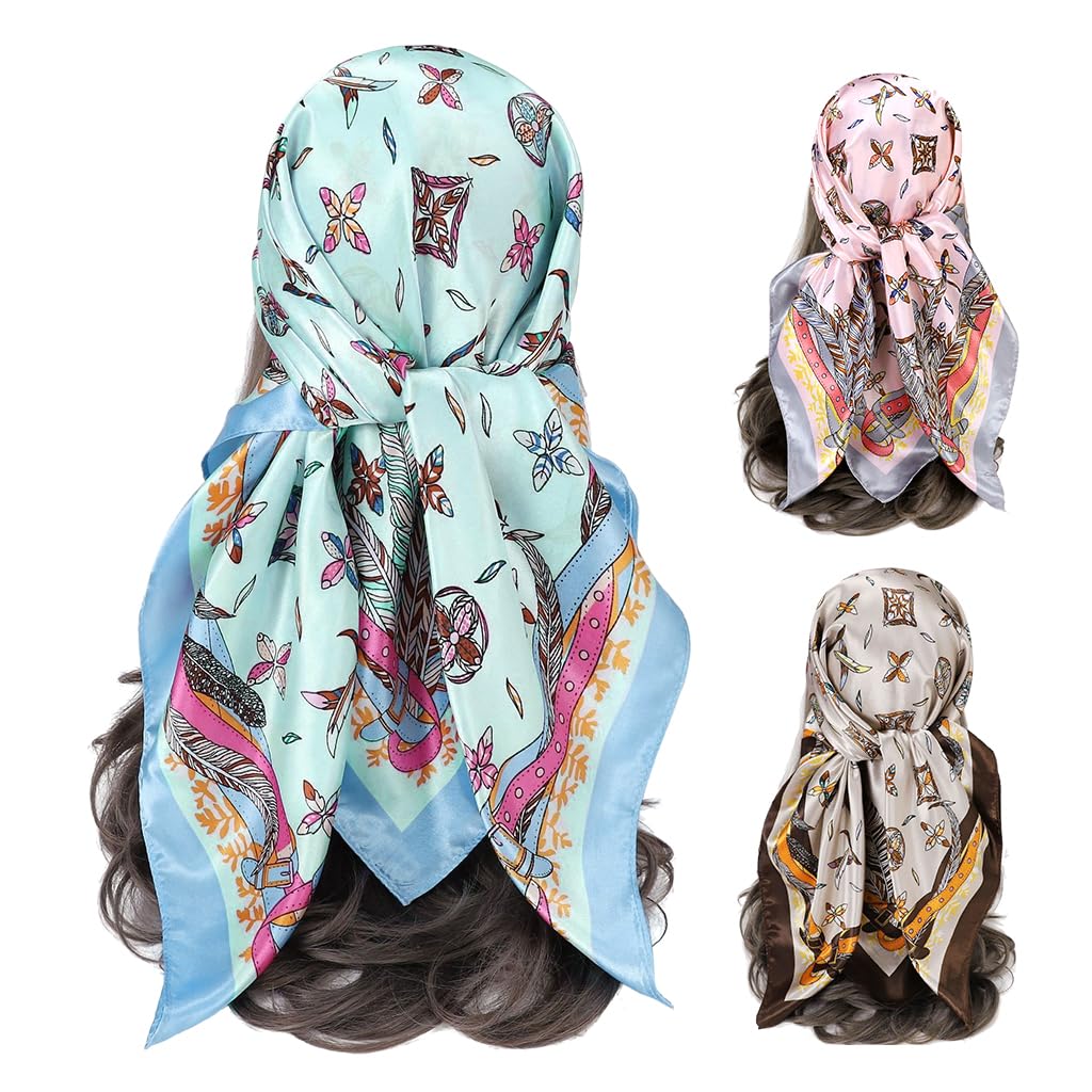PALAY Square Head Scarf for Women featuring 35 in Design with Ice Silk Satin Fabric | 3PCS Set